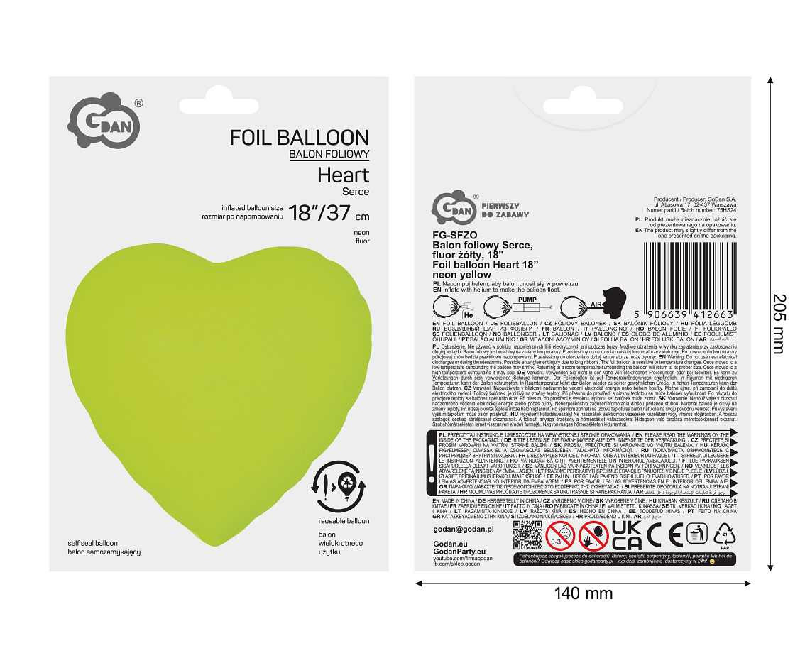 Foil balloon Heart 18“ neon yellow
